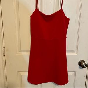 Red mini spaghetti strap dress.